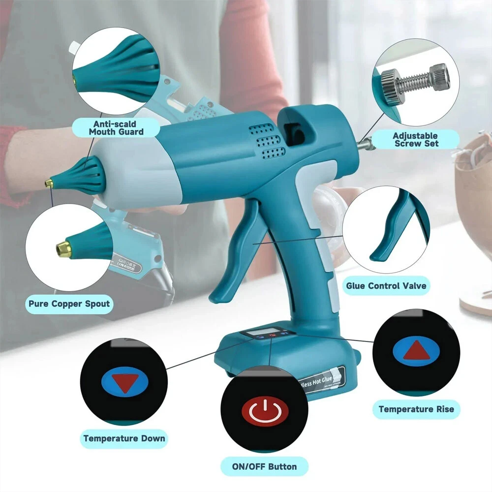 Newest Cordless Hot Melt Glue Gun with 10PCS 11mm Glue Sticks for Makita/Dewalt/Milwaukee/Bosch/Ryobi 18V Li-ion Battery view 2