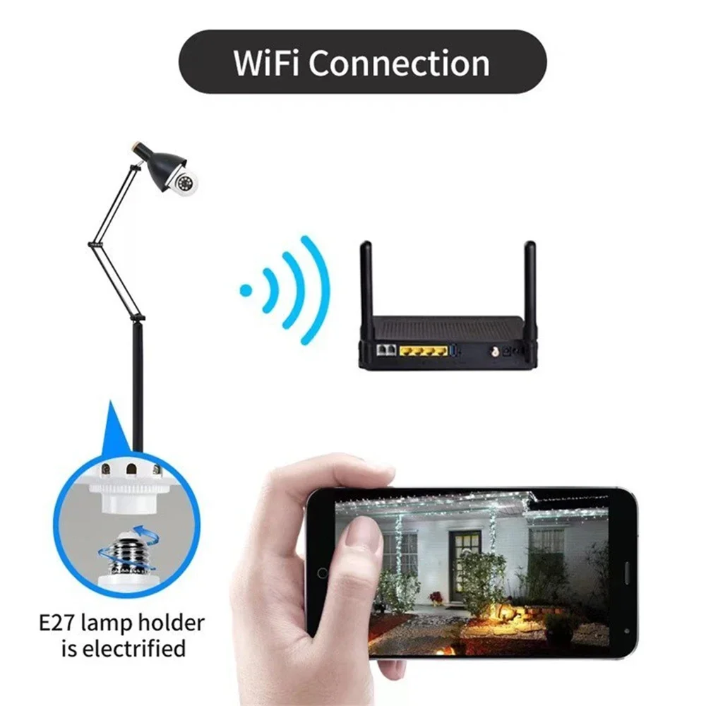 E27 Bulbo Wifi Câmera Human Tracking Color Night Vision 360 °   Câmera de intercomunicação de rotação 2MP com suporte para telefone iOS Android