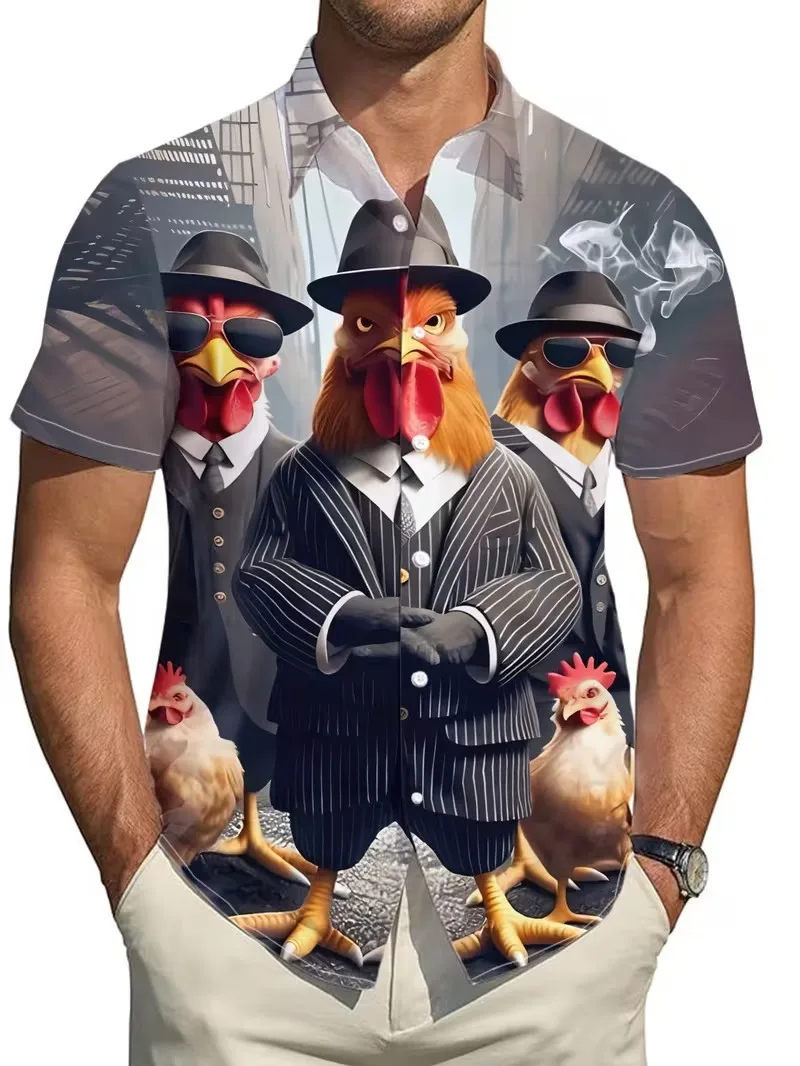 

Men's Funny Muscle Rooster Print Hawaiian Shirt Cartoon Chicken in Overalls Graphic Short Sleeve Button Down Aloha Shirts