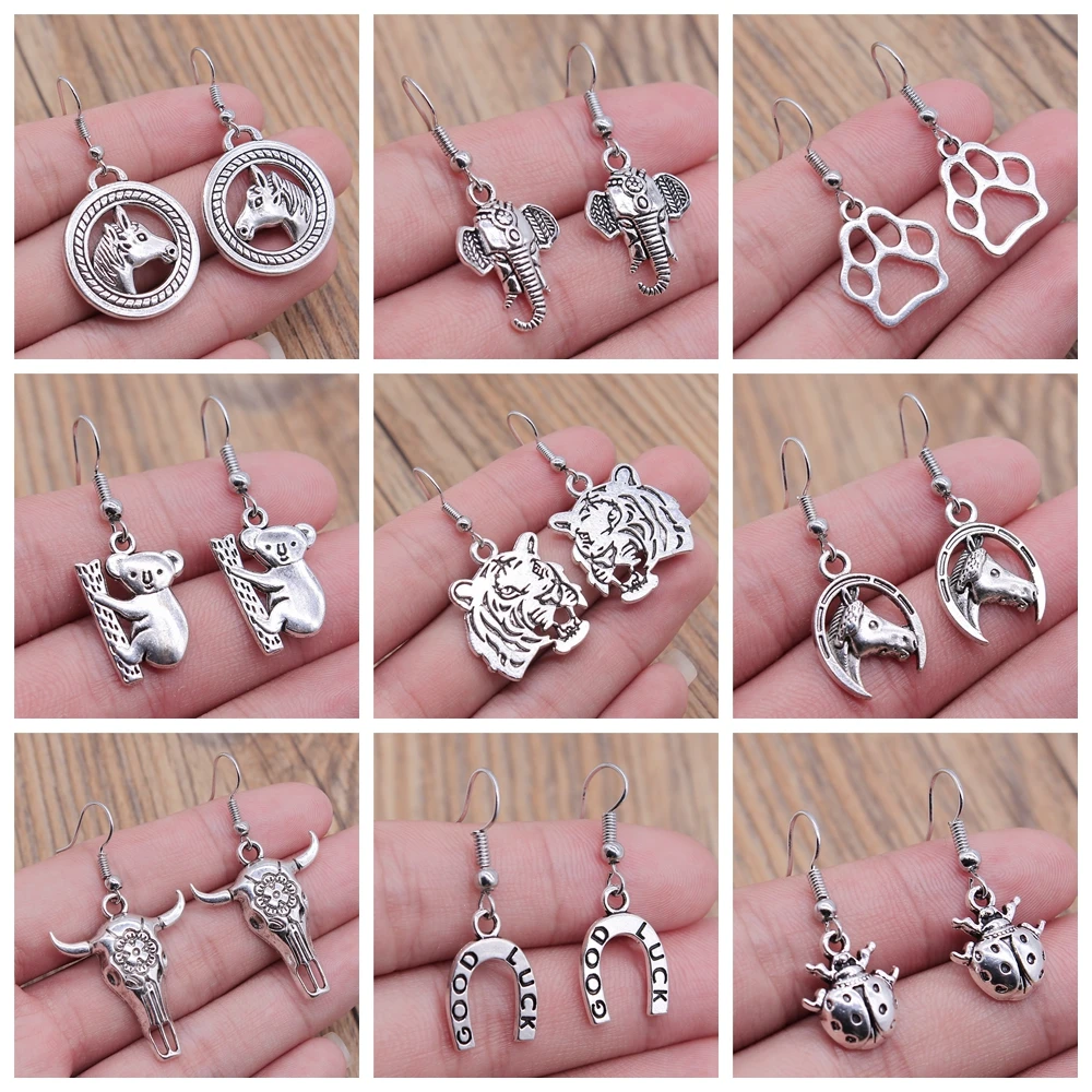 50 Styles Animal Pendant Dangle Earrings Drop Earrings Antique Silver Color Plated Unicorn Horse Elephant Snake Tiger Earrings