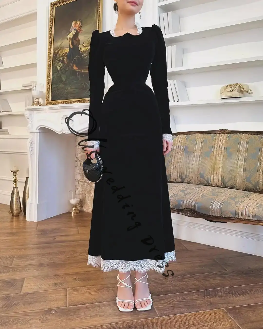 

customized Elegant Long Sleeves Prom Dresses O-Neck Ankle Length Pleated Lace Party Dresses Evening Dresses