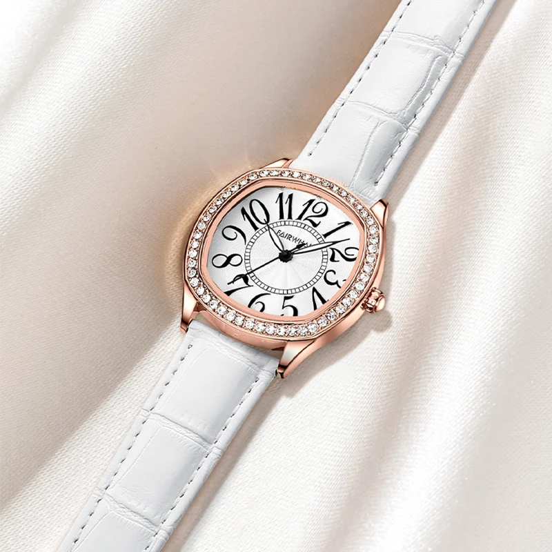 MARK FAIRWHALE FW-3440 Quartz Movement Watch Leather Strap Ladies Gifts Fashion Irregular Dial Watches For Women