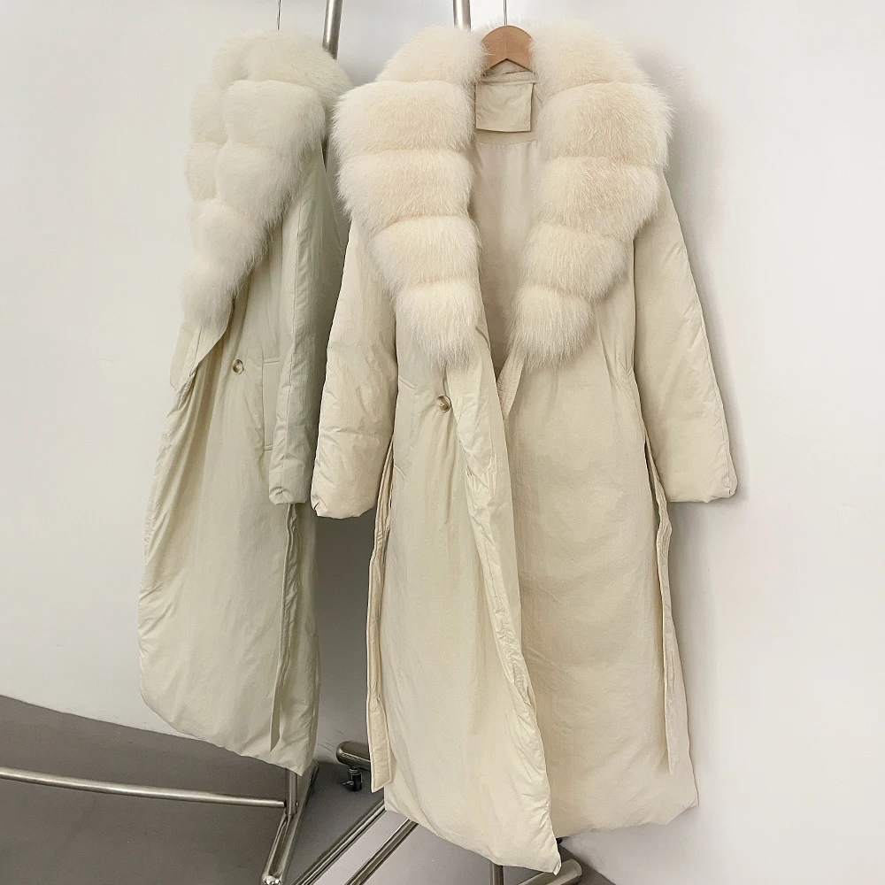 

CXFS 2025 зимняя длинная куртка-пуховик с капюшоном, женская теплая утолщенная куртка с воротником из натурального лисьего меха, белая куртка на гусином пуху, водонепроницаемые парки