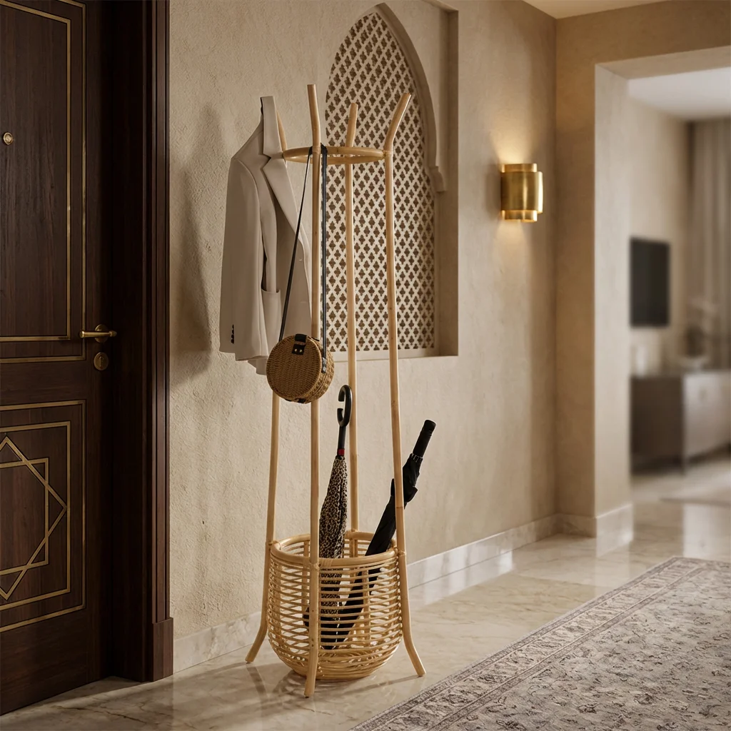 

Nordic Natural Rattan Coat Rack Garment Rack Standing Hat Hanger with Umbrella Stand Basket for Entryway Decor Saudi Arabia