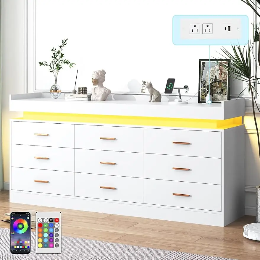 

Drawer Dresser with Charging Station and LED Lights, Modern Chest of Drawers with Power Outlet, Organizer Cabinet for Bedroom