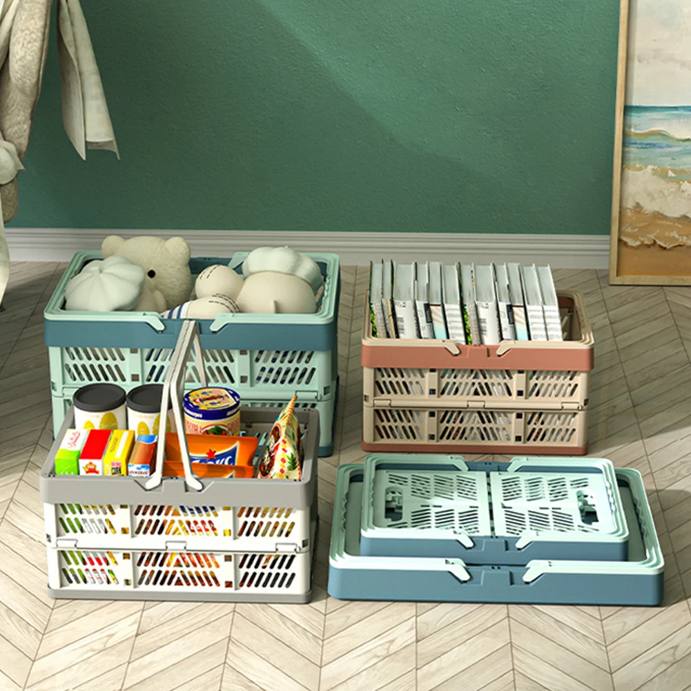 صندوق تخزين بلاستيكي قابل للطي، صندوق بمقبض قابل للتكديس، سلال تخزين كبيرة لغرفة المعيشة في المطبخ وتنظيم سطح المكتب
