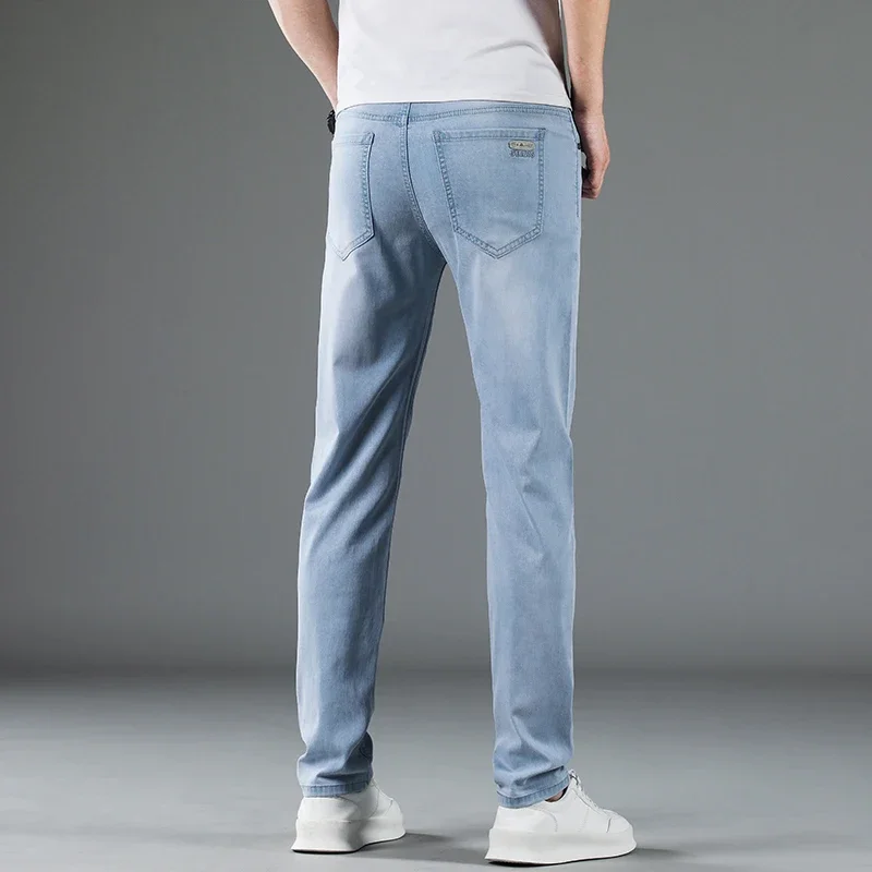 Brand Spring Summer Thin Lyocell Men's Slim Jeans Brand Clothing Korean Classic Straight Stretch Fashion Casual Denim Trousers