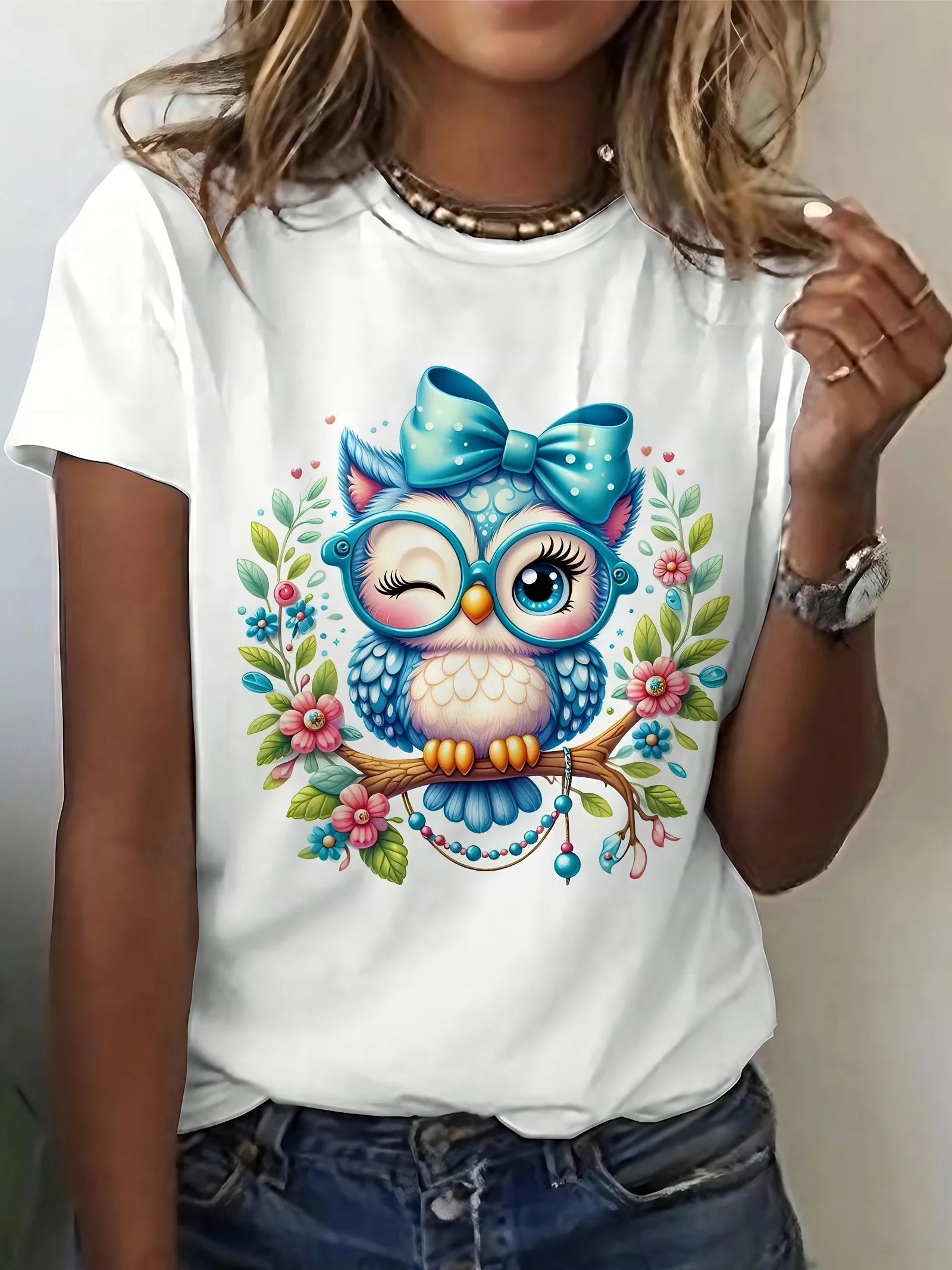 Women's T-shirt Round Neck Cute Bow Glasses Owl Floral Branch Print Short Sleeve Casual Summer Women Clothes