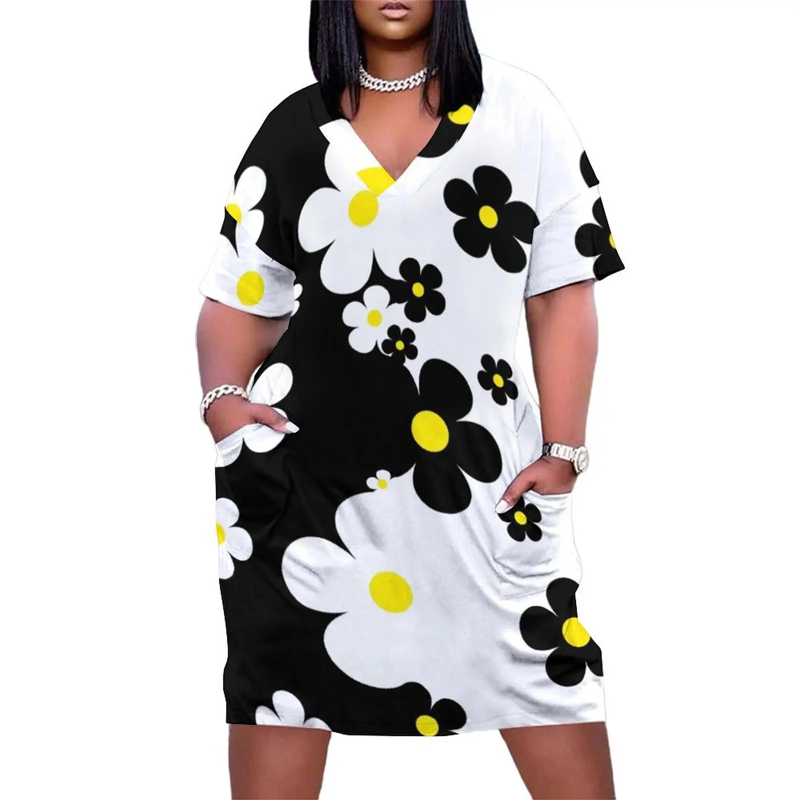 

60"s Retro Pop Small Flowers in Black, White and Yellow Loose Pocket Dress Female dress prom dress 2024