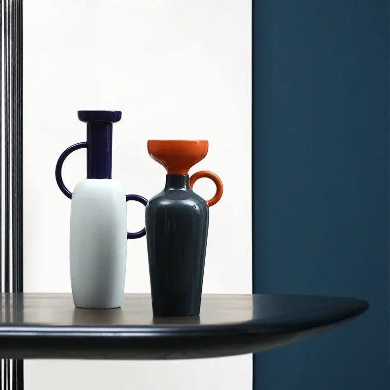 Modern Painted Binaural Ceramic Crafts Vase Ornament Entrance Living Room Bedroom Desktop Dining Table Home Art Decoration
