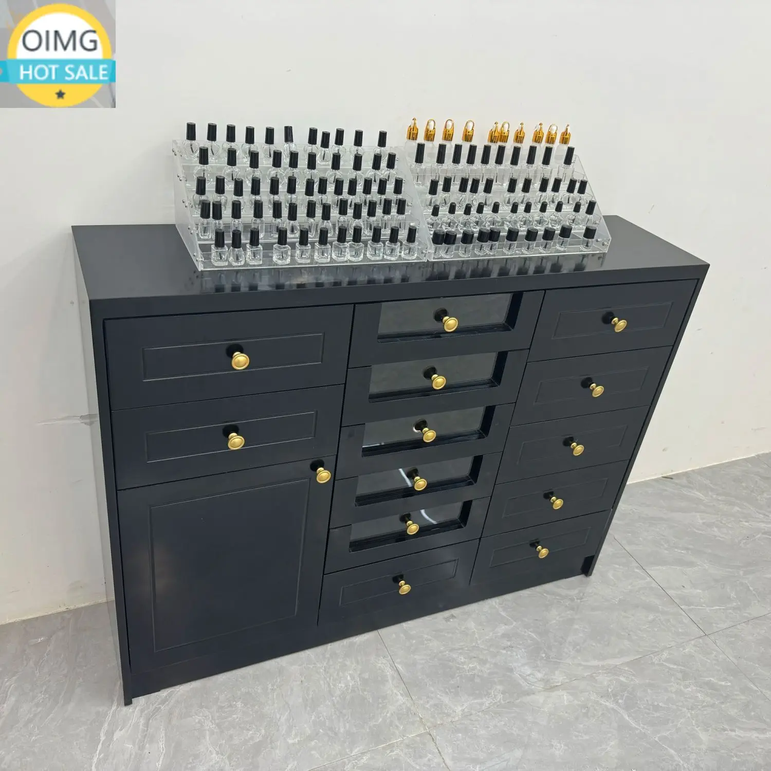 Nail Polish Glue Locker Black Nail Salon Display Cabinet with Floor Drawer Storage for Nail Tables