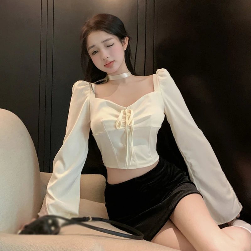 Spring Women\'s Blouse Korean Version Square Neck Solid Colour Slim Sexy Temperament Expose Navel Trumpet Sleeves Blouse