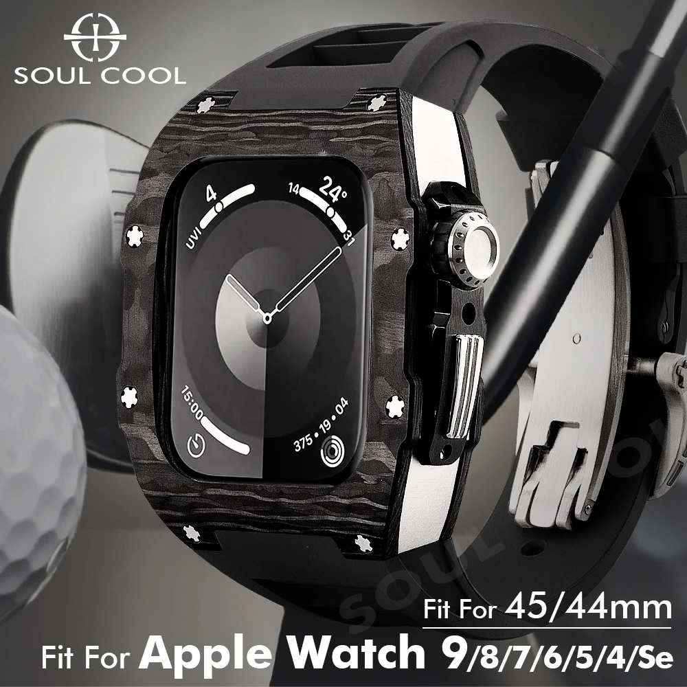 

Carbon Fiber Case for Apple Watch 9 8 7 45mm Mod Kit For iWatch 44mm 6 5 4 SE Fluororubber Strap Band Silver