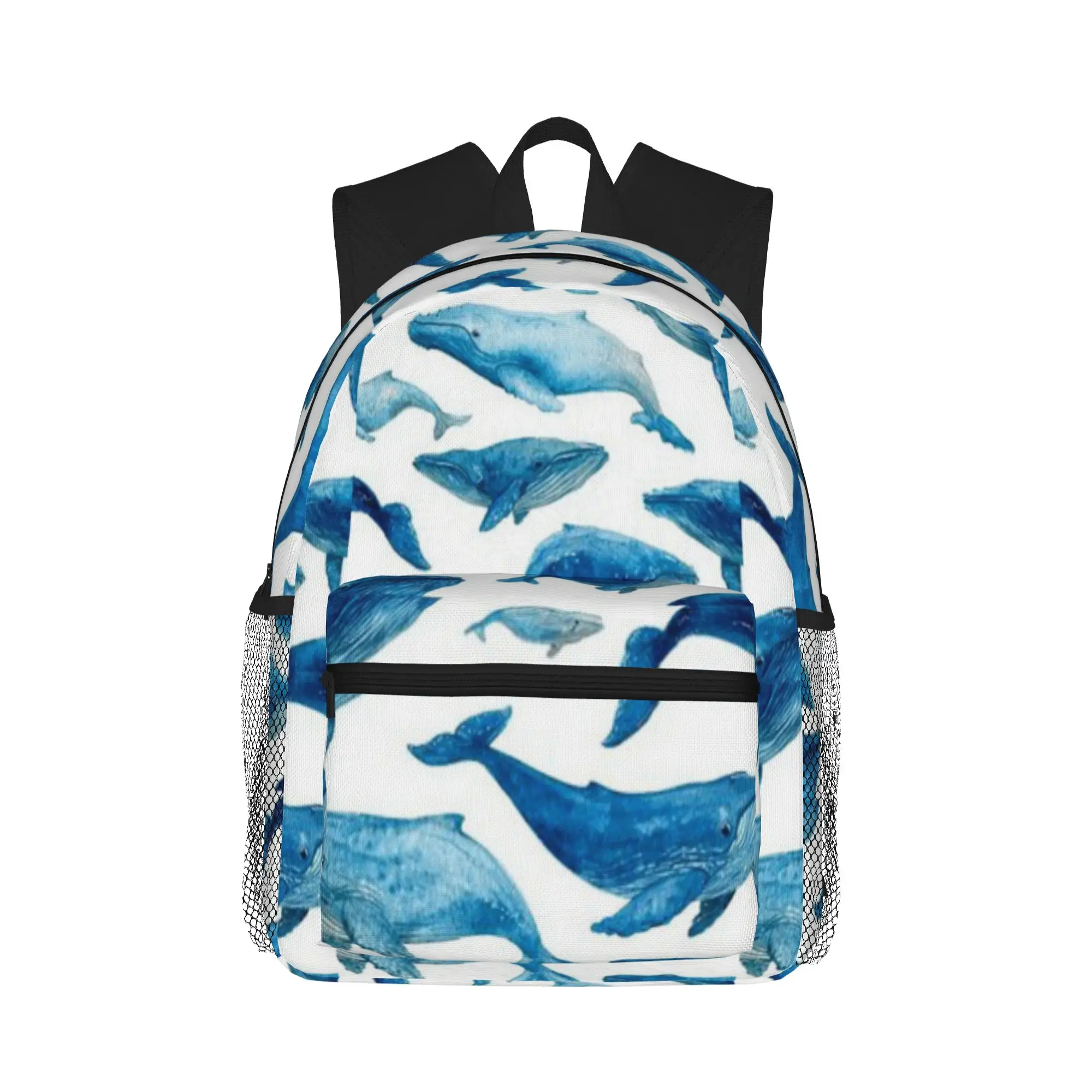 Monochrome Blue Watercolour Whale Ocean on White  Casual Backpack for Students and Adults Bag