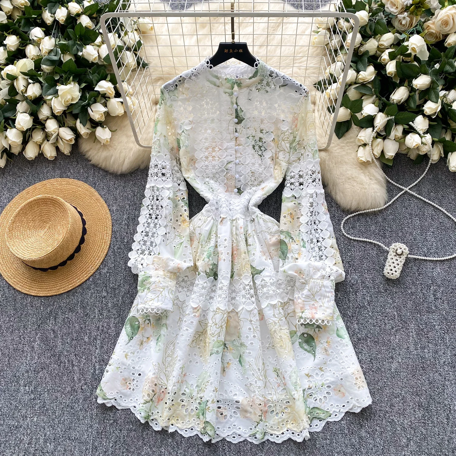 Chic vintage ricamato scava fuori pizzo sottile elegante fata moda coreana Boho vestito estivo abbigliamento donna