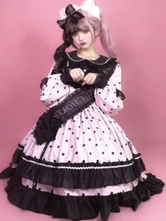 KIMOKOKM Lolita Style Princess Dresses Kawaii Peter Pan Collar Bow Lace Cascading Ruffle Full Sleeve Sweety Cosplay Dot Dress