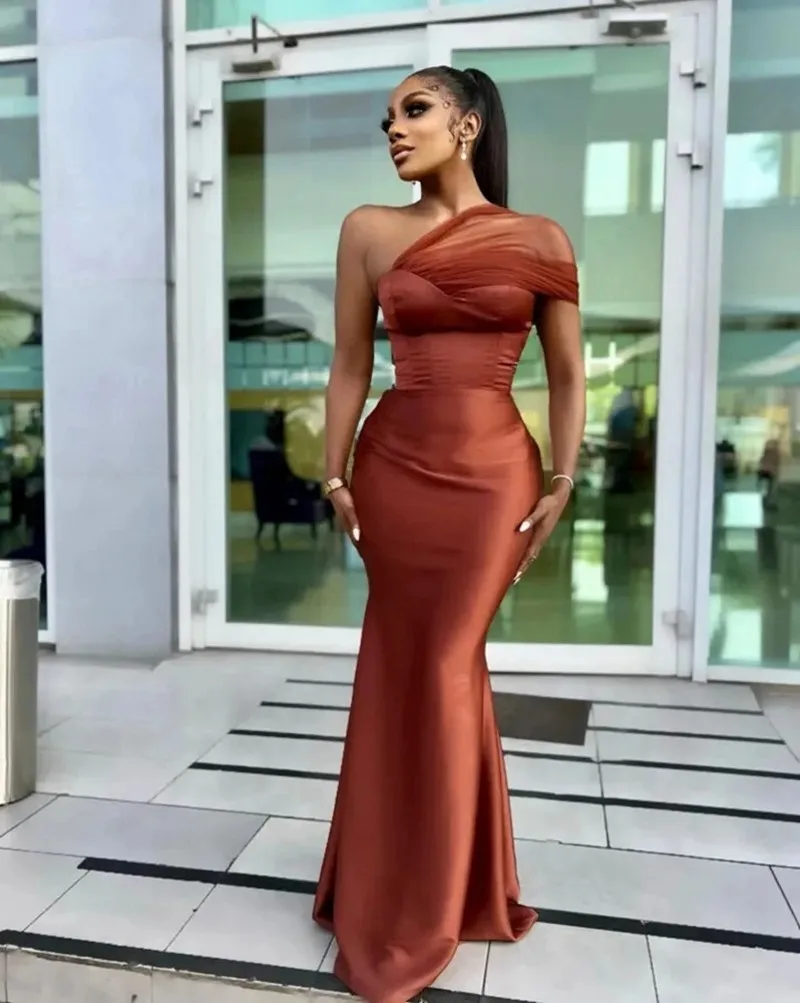 

Elegant Brown Evening Formal Dress 2026 One Shoulder Pleats Satin Tulle Mermaid Prom Party Gown African Robe De Soirée
