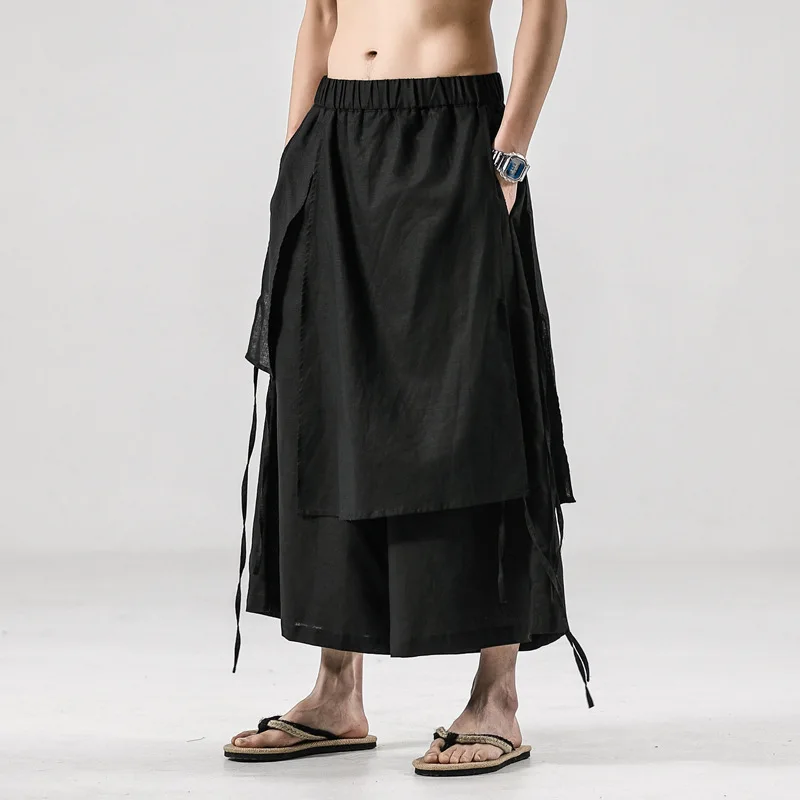 Men\'s Linen Casual Pants Jogging Trousers Elastic Waist Loose Irregular Culottes Street Style Harajuku Straight Wide Leg Pants