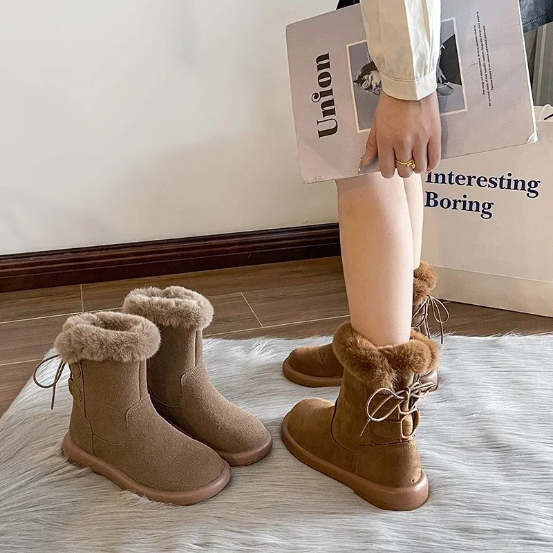 

2025 Hot Sale Ladies Shoes Women's Boots Winter Round Toe Plush Fce for Warmth Solid High Tube Flat Snow Fraenum Boots New