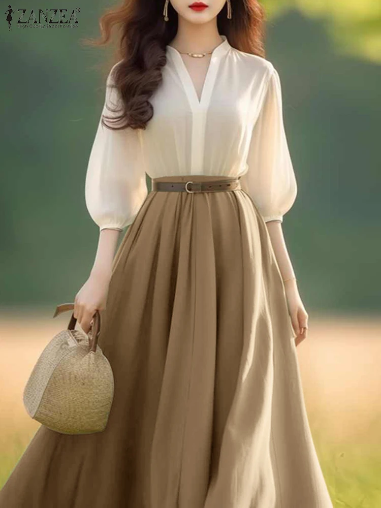 ZANZEA Vrouwen A-lijn Kantoor Dame Vestidos Casual Zomerjurk 2025, Lente Lantaarn Half Mouw Jurken Elegante V-hals Party Gewaden