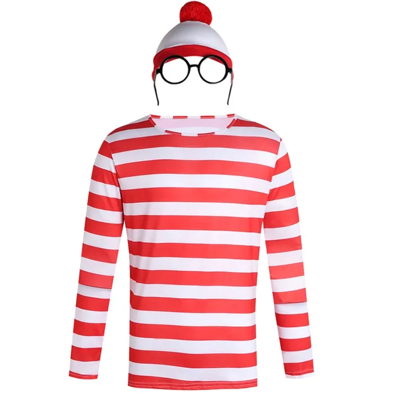 Kids Men Women Wheres Waldo Striped Shirt Youth Kids Boys Wally Costume Shirt Glasses and Hat Socks