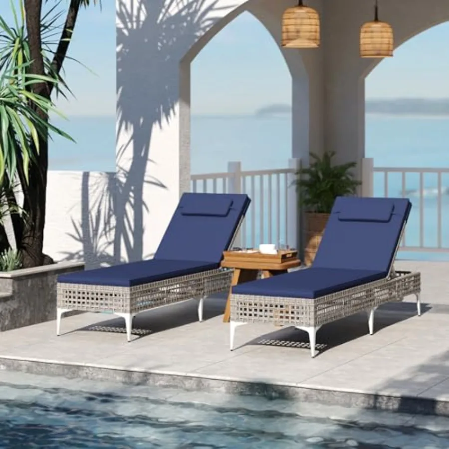 Patio chaise lounge chair for poolside, deck, backyard; PE wicker; navy; 6-level adjustable backrest, removable cushion headres