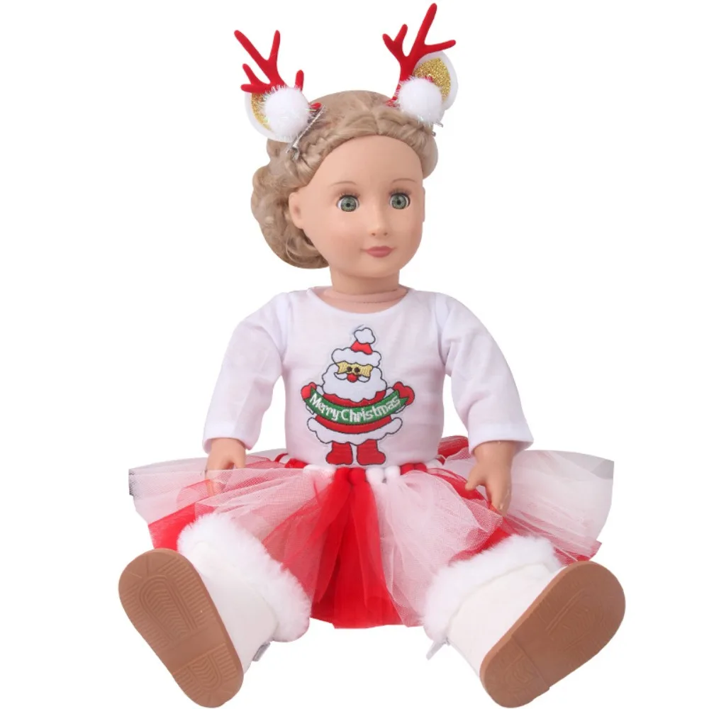 Kerstpak Amerikaanse poppenkleding Jurk met lange mouwen Set Poppenkleertjes Kerstmis Twee elanden haarspelden Kleurrijk