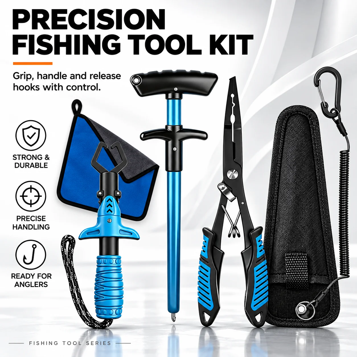 Fishing Pliers Kit with Fish Gripper Hook Remover Storage Bag Lanyard - Durable Rustproof Saltwater Lure Tool Set for Angler