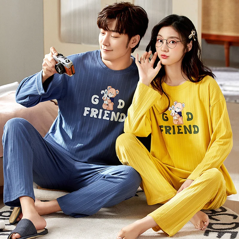 Autumn Couple Pajamas Set Cotton Long Sleeves Pants Home Suit Cartoon Causal Lovers  Comfortable Two-piece Sleepwear