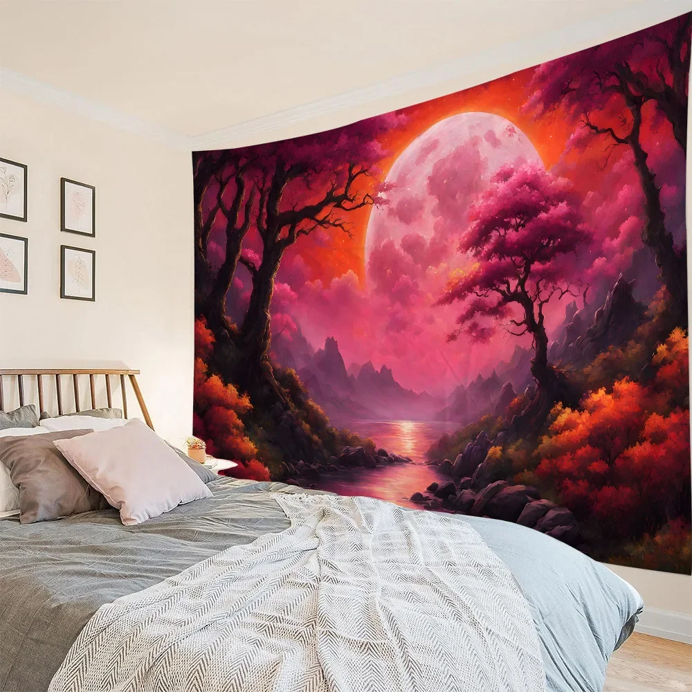 Fantasy Forest Night Scene Wall Tapestry Starry Sky Beach Sparkling Background Hanging Cloth for Interior Decoration
