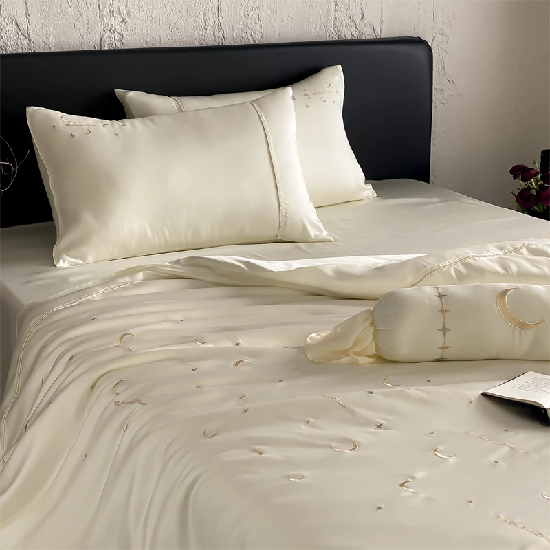 Starry Night Cream White Soft Silky Sleeping Naked Lyocell Bedding Set Chic Embroidery Duvet Cover Fitted/Bed Sheet Pillowcases