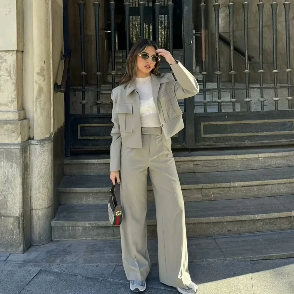 Ensemble Veste Courte et Pantalon Chic à Jambes Larges pour Femme, Col Rabattu, Décontracté, Couleur Unie, Streetwear à la Mode, Printemps Été 2024