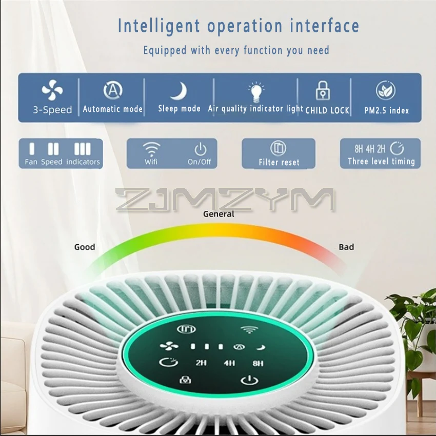 เครื่องฟอกอากาศใหม่ PJ06 Home Wifi อัจฉริยะตั้งเวลาแผงสัมผัสควบคุมเสียงเครื่องฟอกอากาศ 3-in-1 ประสิทธิภาพสูง HEPA filter