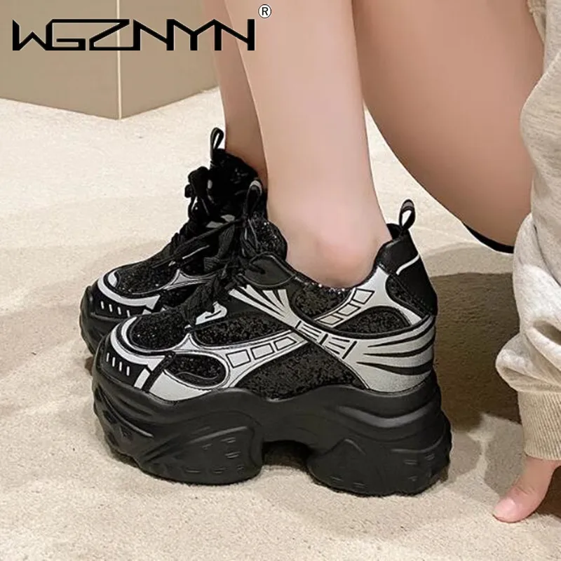 Designer Thick Bottom Bling Leather Chunky Sneakers Breathable Sport Ankle Boots Women 10.5CM Comfy Heels Autumn Vulcanize Shoes