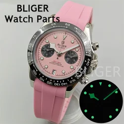 BLIGER 39mm VK64 Quartz Chronograph Men's Watch Pink Dial Sapphire Glass 5 pin 6 o 'clock date Luminous Waterproof Rubber Strap