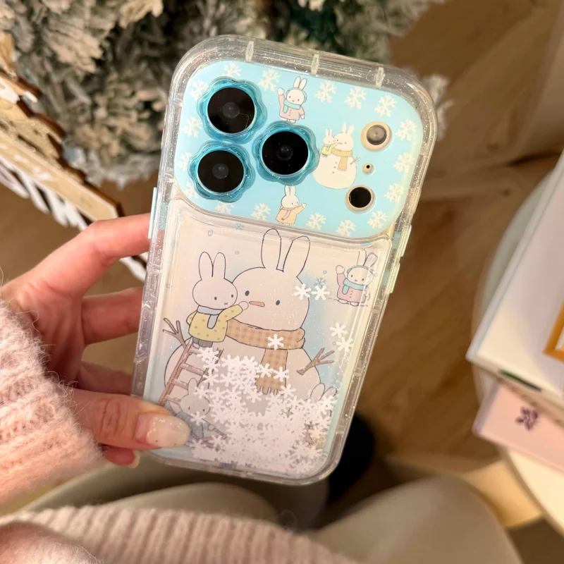 

Cute Cartoon snowflake snowman Miffy quicksand Sparkling phone Case For iPhone 13 14 15 16 17 Pro Max Rabbit Glitter Cover﻿﻿﻿