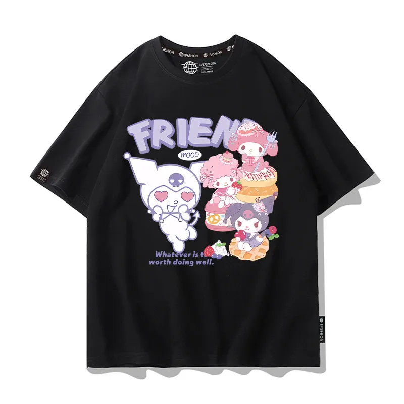 

Sanrio Anime Peripheral Joint New Children's T-shirt Pure Cotton Cartoon Printed Parent Child Clothing Summer Casual T-shirt
