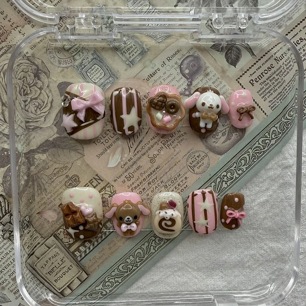 Cartoon Niedlicher Rosa Hase Dessert Liebesbär Ellipsen-Nagelkunst 3D Stern Schmetterling Knoten Flügel Punkt-Muster Künstliche Nägel Geburtstagsgeschenk – Detail 16