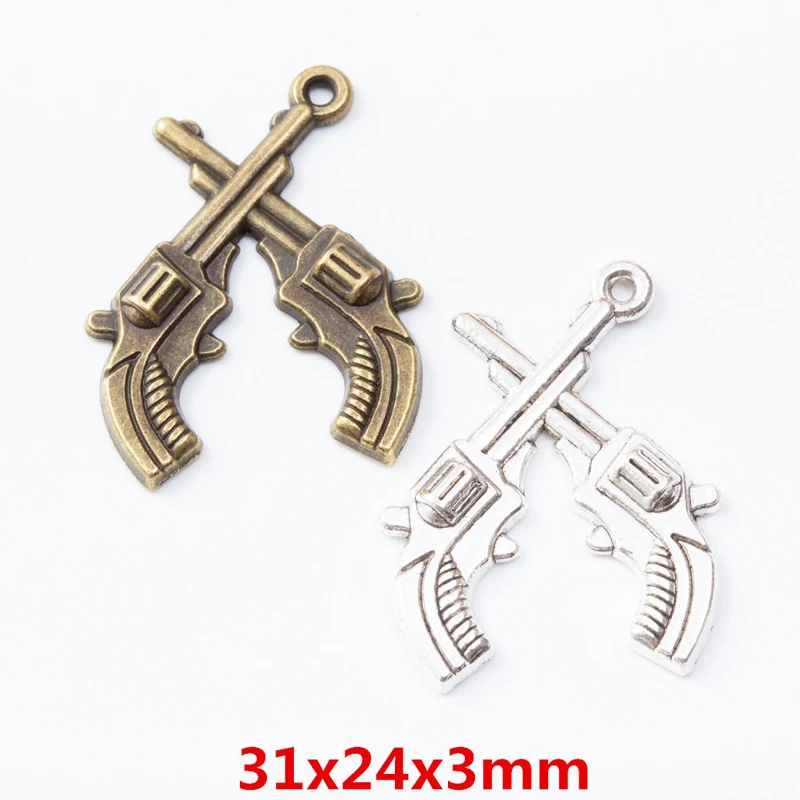 50pcs 31*24MM Zakka Grocery Creative Vintage Gun Elements Two Handed Gun Charm Handmade Diy, Bronze Popular Necklace Jewelry Pen