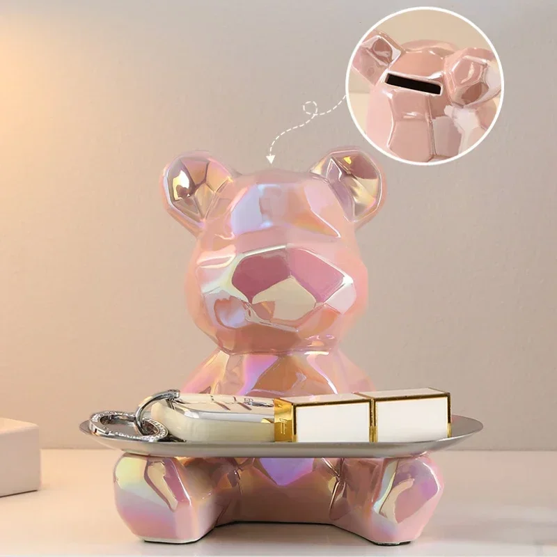 1 piece abstract ceramic electroplated bear statue with keys, cosmetic storage tray, and piggy bank bookshelf statue decoration.