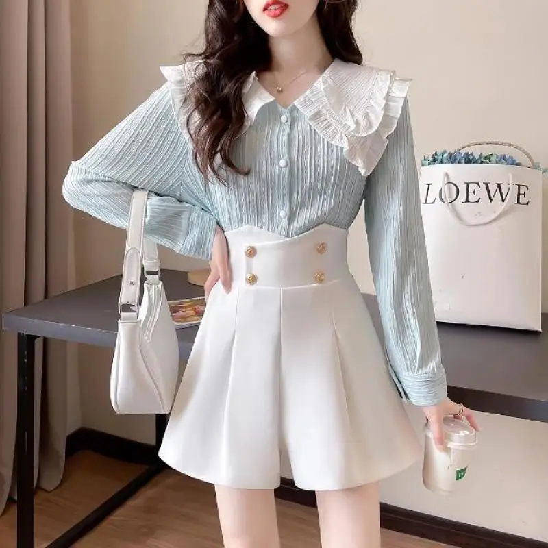 Ight Cooked Style Doll Neck Top High Waist Wide Leg Pants Two-piece Set for Women 2023 Spring Summer New Slim Ruffled Long Suit