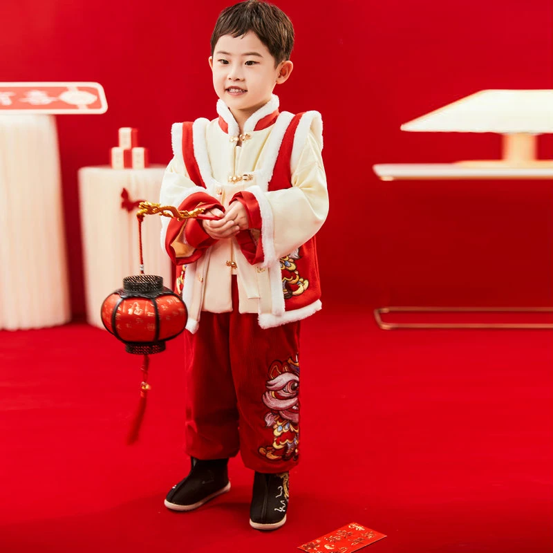 2024 Chinese New Year Boys Lucky Tang Suit For The Year of The Dragon Embroidery 3 Pieces Hanfu Clothings Tradtional Costume