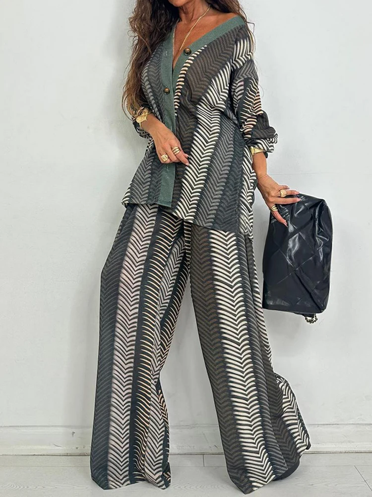 New Chic V Neck Long Sleeve Printing Holiday Button Cardigan Top With Wide Leg Pants - Spring Summer Two Piece Ladies Outfit Set view 3