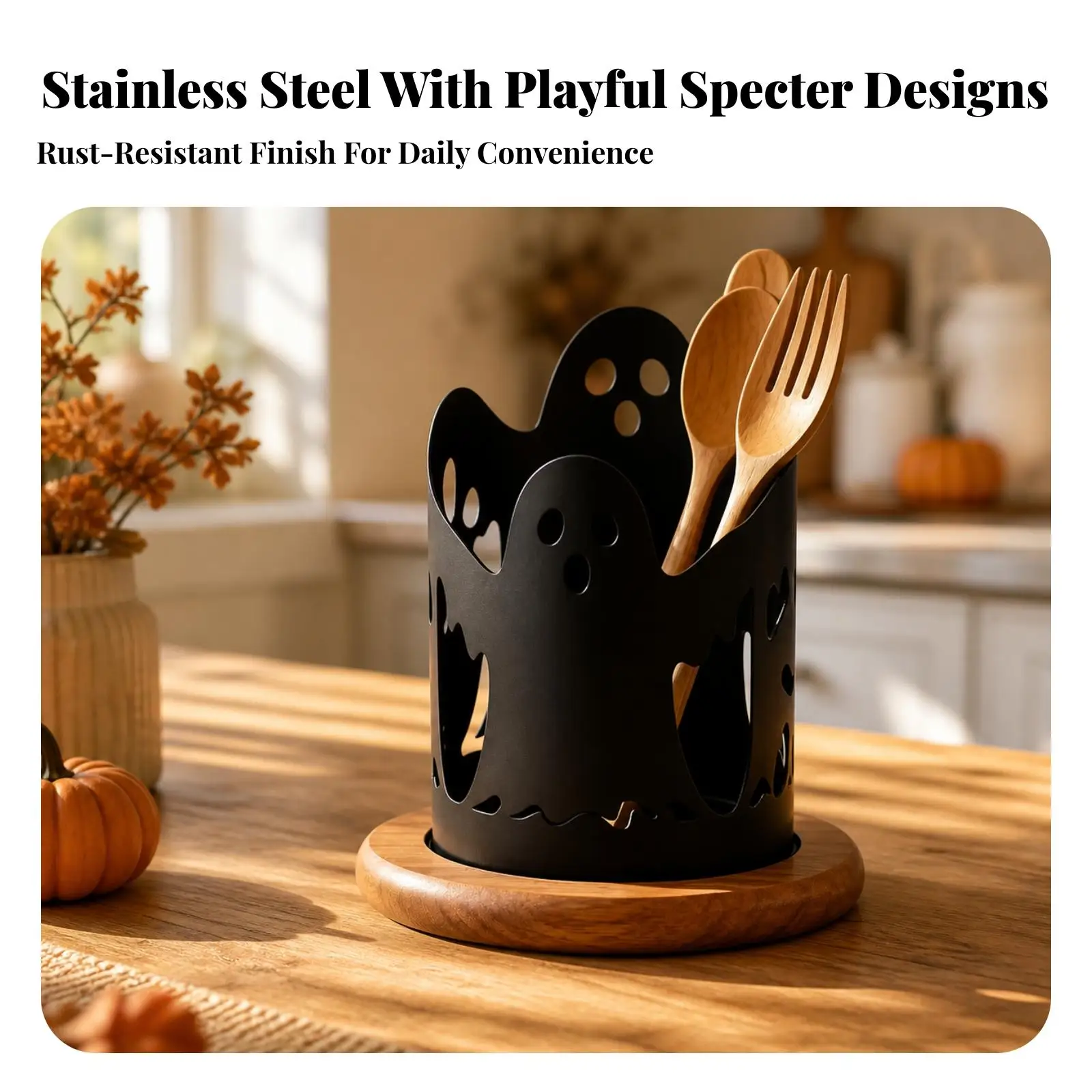 Utensil Holder with Wooden Base | Stainless Steel Body, Space-Saving Compact Size, spooky Utensil holder, for Halloween Party