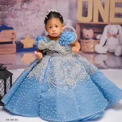 Luxury Sky Blue Girls Birthday Dress Customized Beading Bow Flower Girl Dresses Queen Ball Gowns for Wedding Party