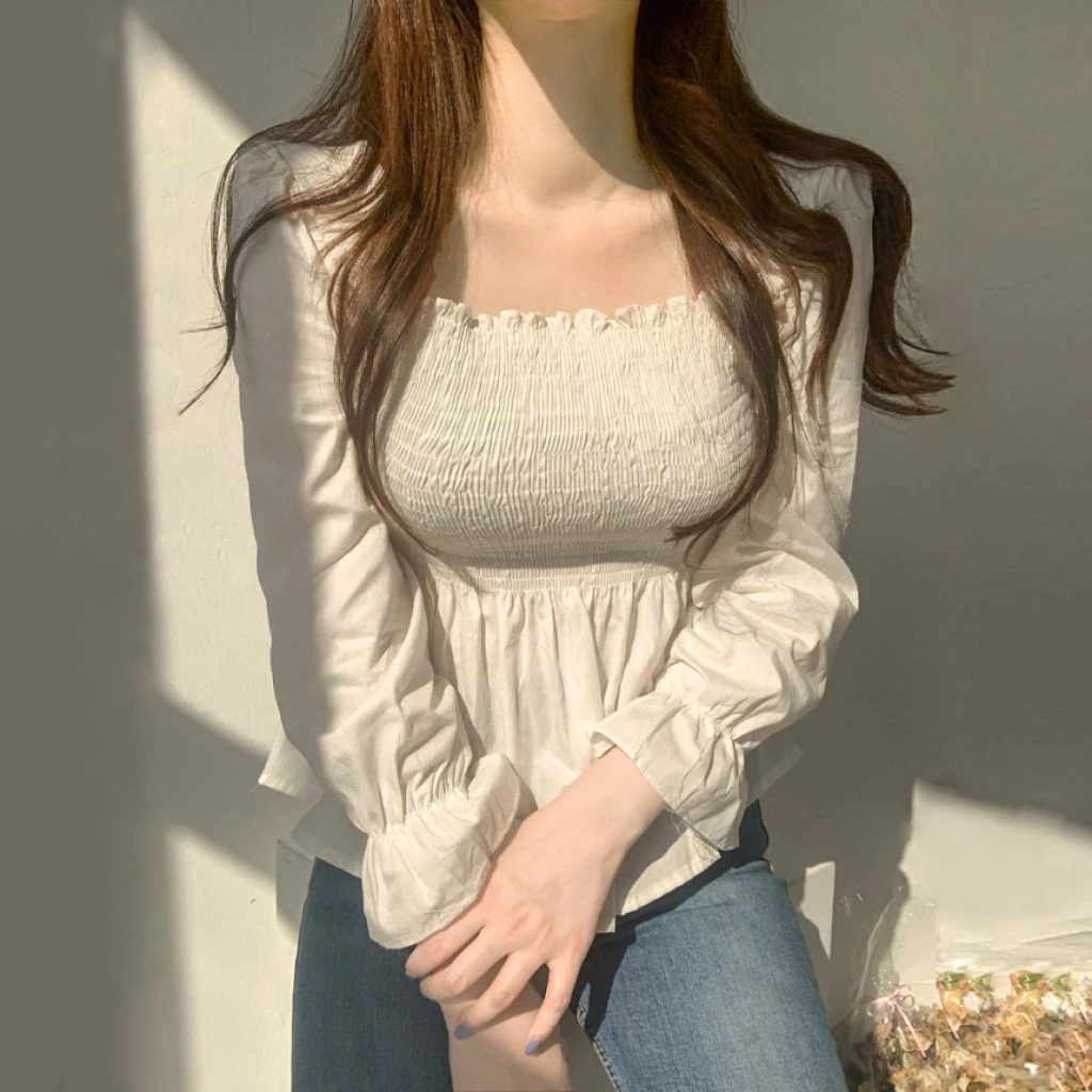 Sweet Square Neck Slim Edible Tree Fungus Shirt French Style New Flared Long Sleeve Tops Elegant Office Lady White Blouse Blusas