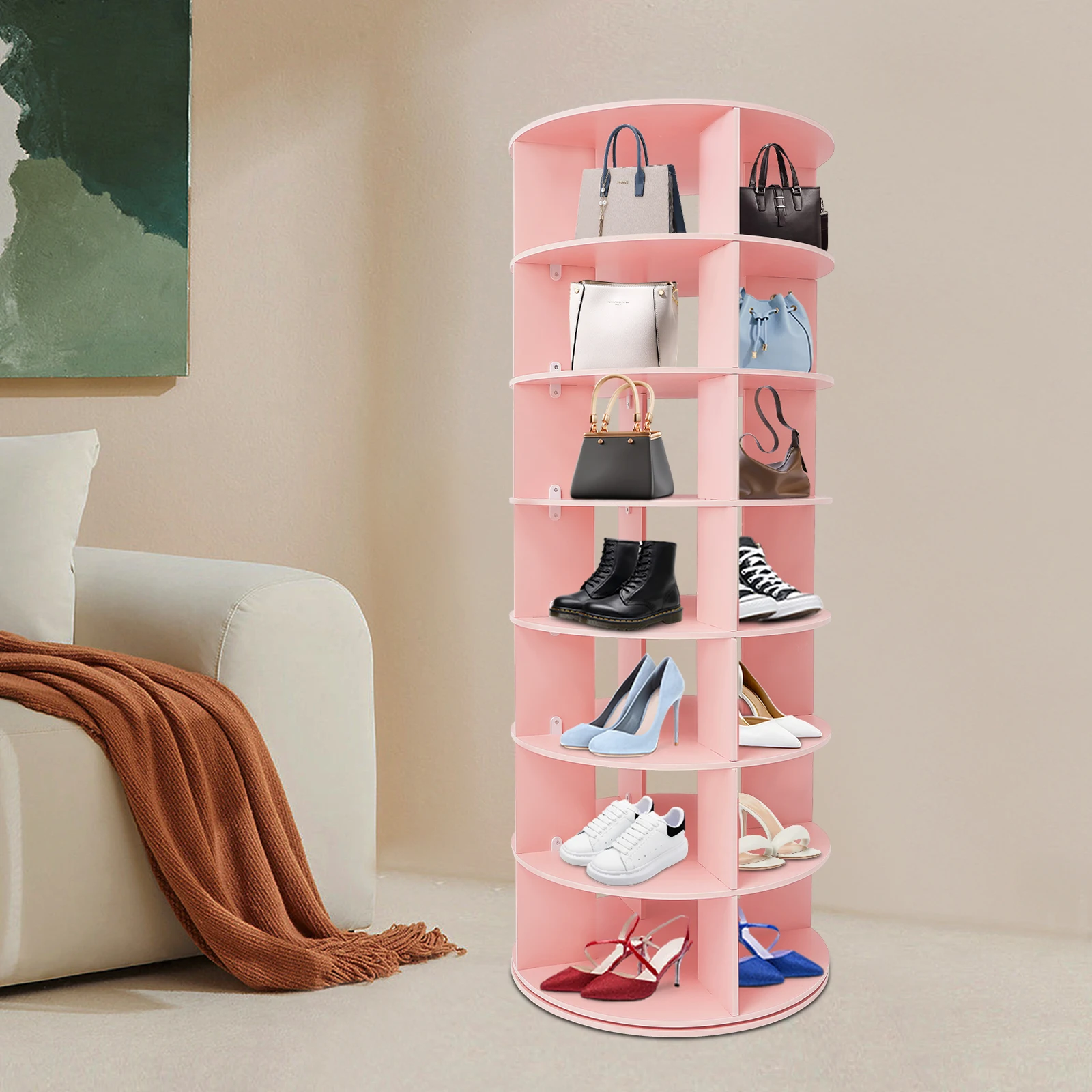 

Pink PVC Galvanized Steel 60*152cm Rotating Shoe Rack 7-storey 360-degree Freely Rotating Shoe Cabinet