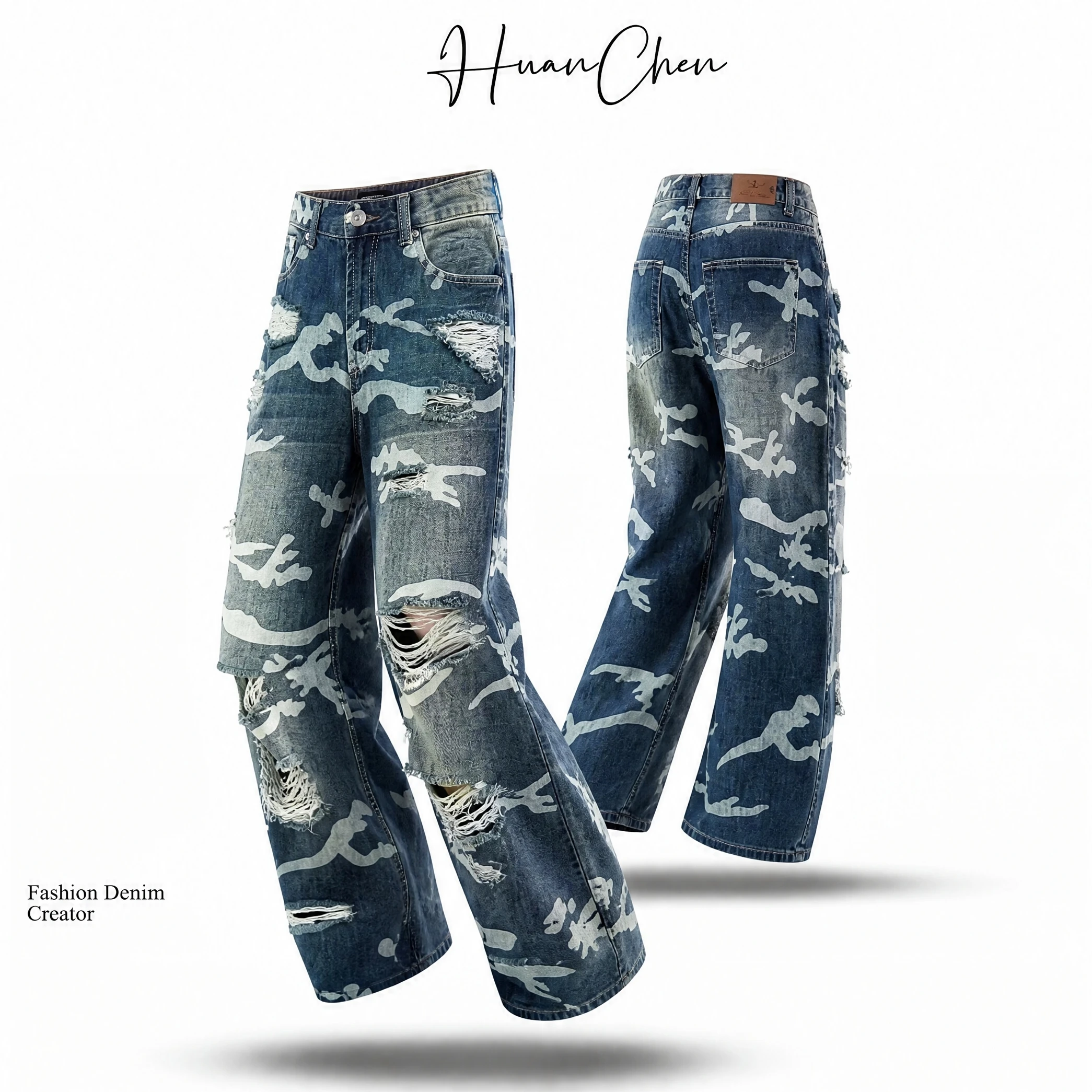 

Retro Summer Street Camo Print Ripped Men Jeans Baggy Hip Hop Loose Man Pants Wide Leg Trousers