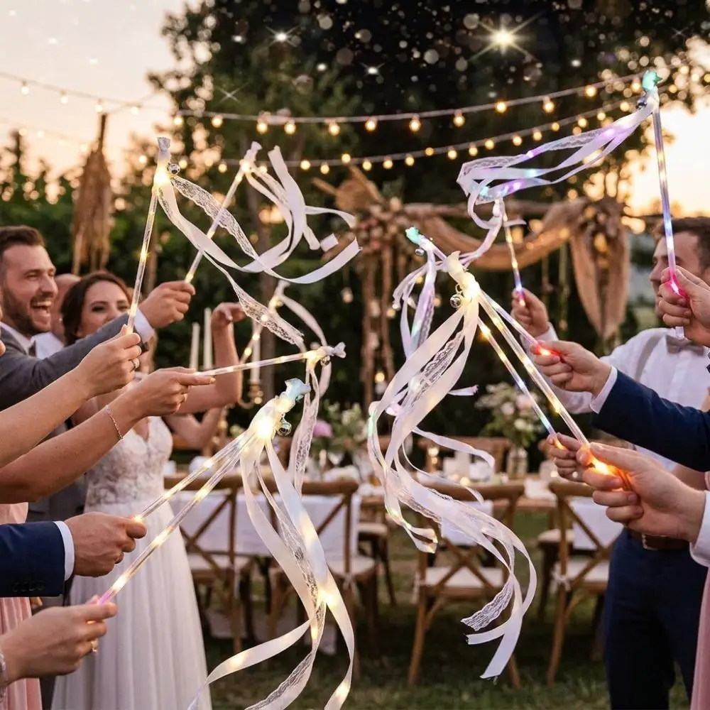 5PCS Lace Streamers Wedding Ribbon Glow Wands with Bell Glow Flash String Light Ribbon Hand Sticks Multi-Mode Light Long-lasting