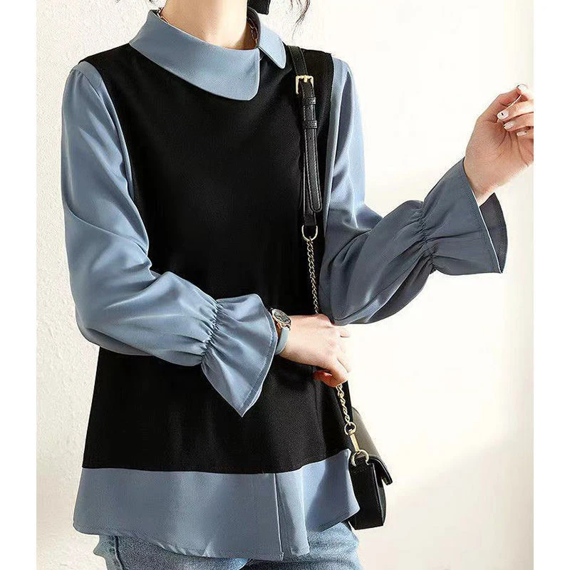 Spring Autumn Korean Style Doll Collar Office Lady Fake Two Piece Elegant Pullover Top Women Long Sleeve Slim Wild Blouse Shirt